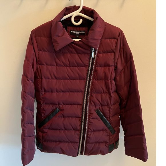 Karl Lagerfeld Burgundy Down Puffer Jacket with Faux Fur - Picture 6 of 9